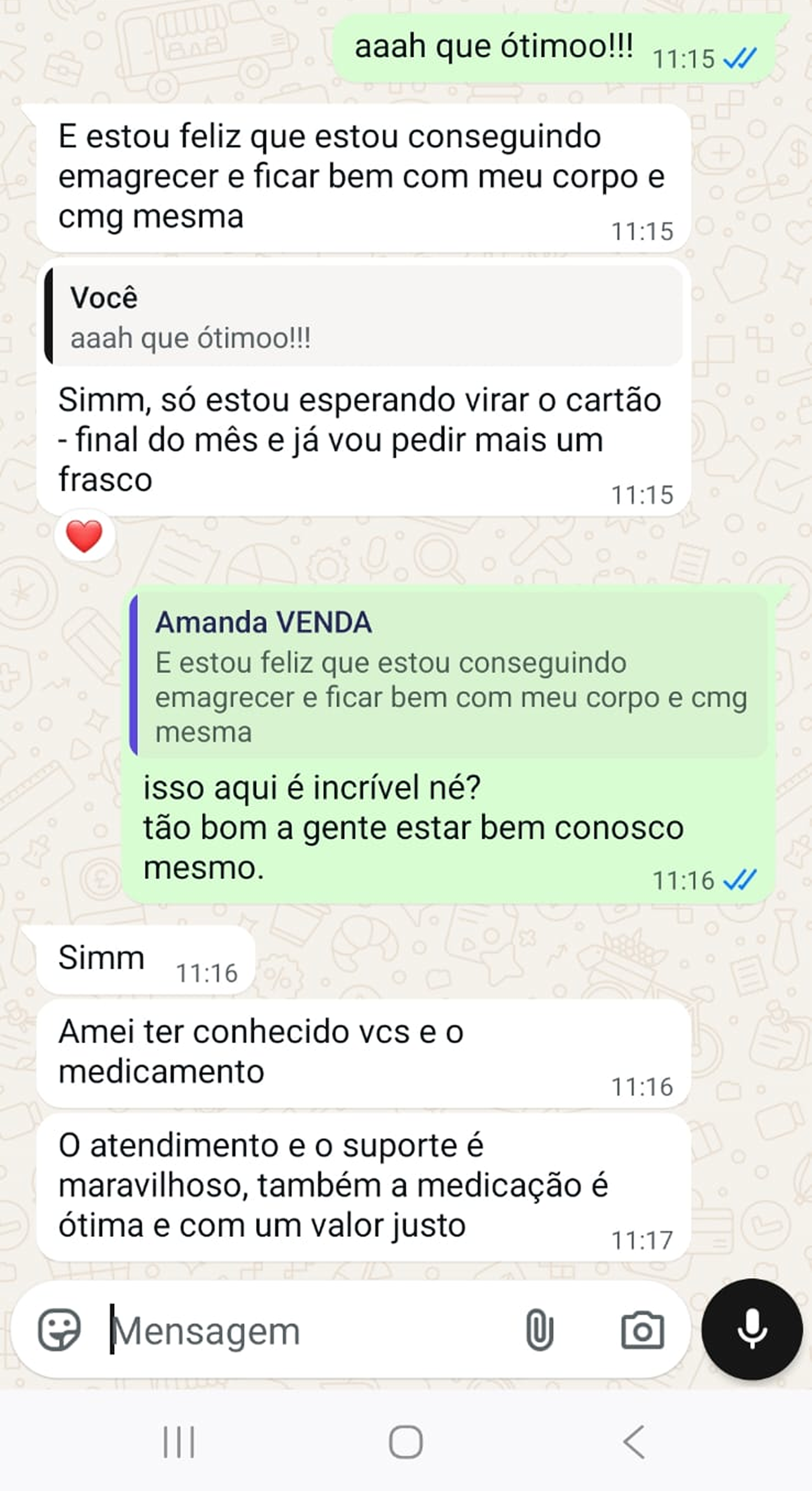 Print de WhatsApp: depoimento de paciente Slima